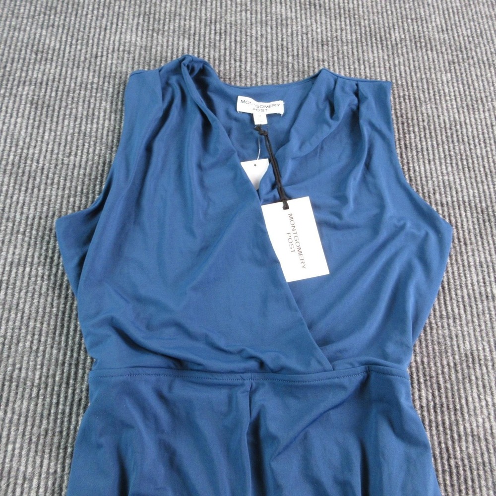 Montgomery Post Jumpsuit Womens M Petite Blue Belted Pleated V-Neck Wide Leg NWT - Picture 5 of 16